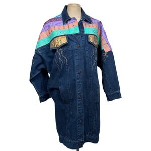 VTG Belma Southwestern Hand Paint Denim Duster Jacket S Cowgirl OOAK Hipster Art